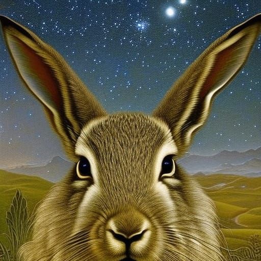 anthropomorphized angora rabbit : wide head : white fur : go...