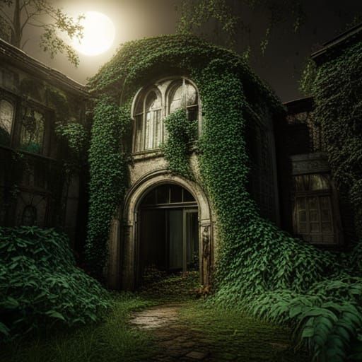 Haunted building covered in ivy in the moonlight at night