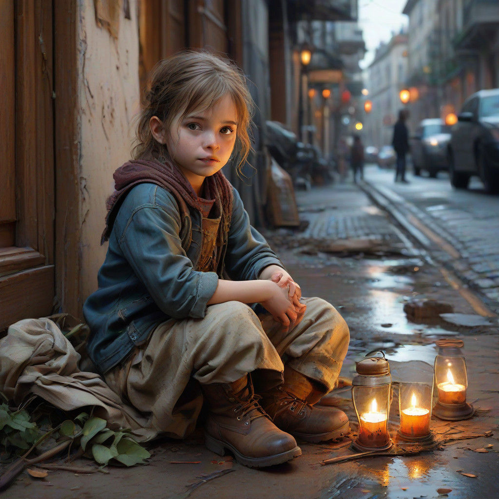 watercolor smiling asleep little Girl with the Matches, lies down on corner of street in Christmas night, Hans Christian...