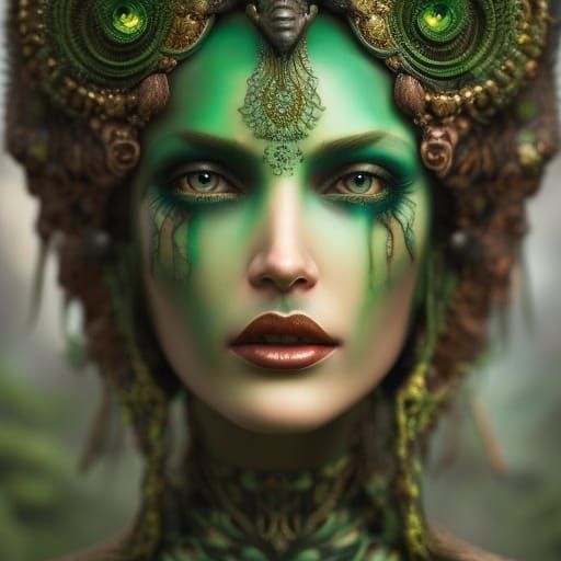 Beautiful Celtic priestess dressed in green velvet dress, in a mystical ...