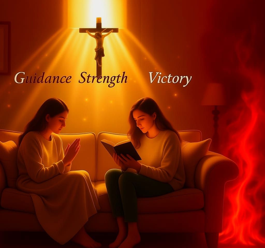 Text "guidance", "strength", and "victory" in the Streams of light extending out from the people on the couch. a person sitting on a couch p...
