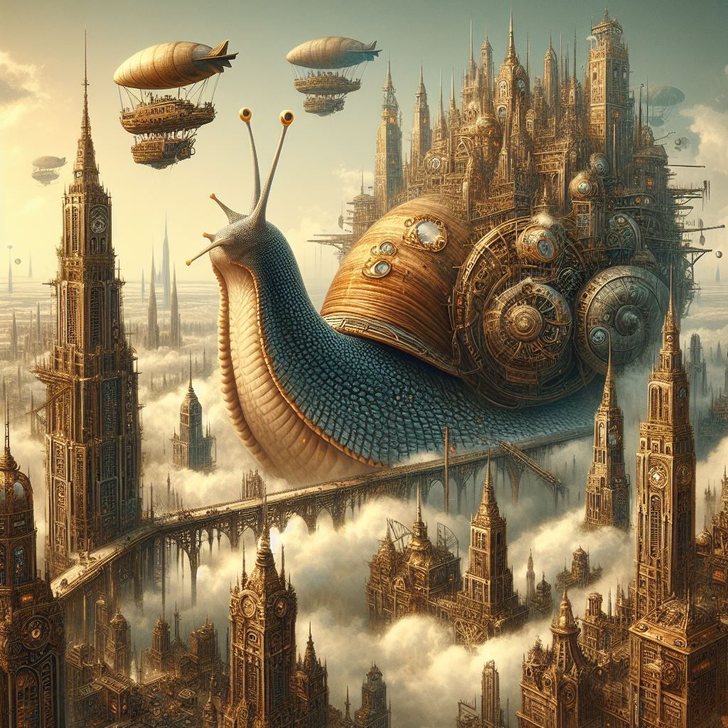 an otherworldly cityscape built upon the backs of giant snai...