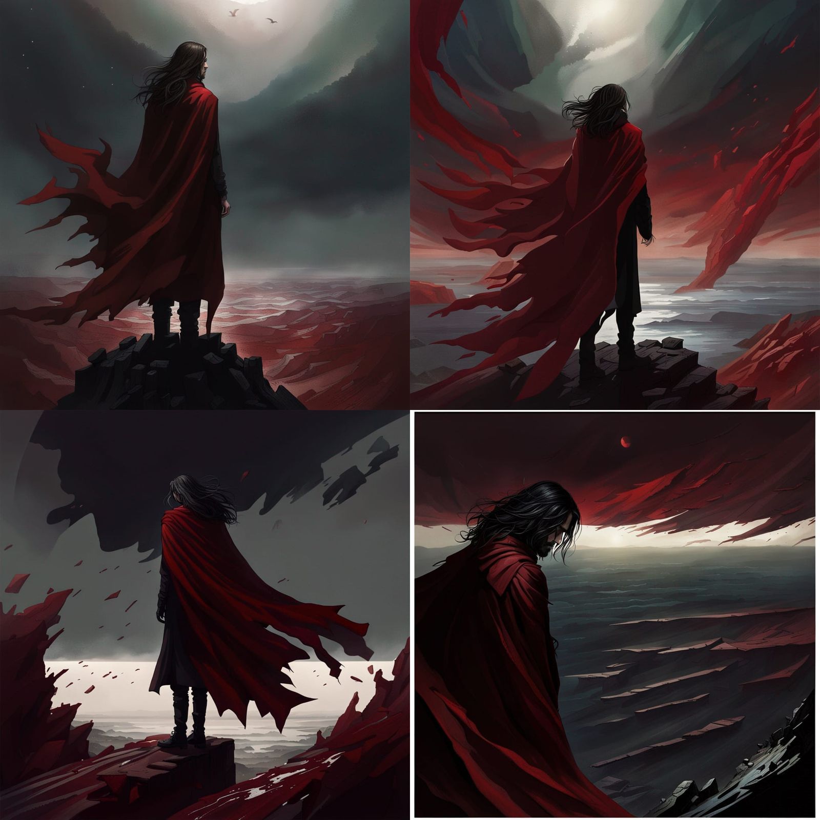 A man, wearing a dark red cape, standing at the edge of the ...