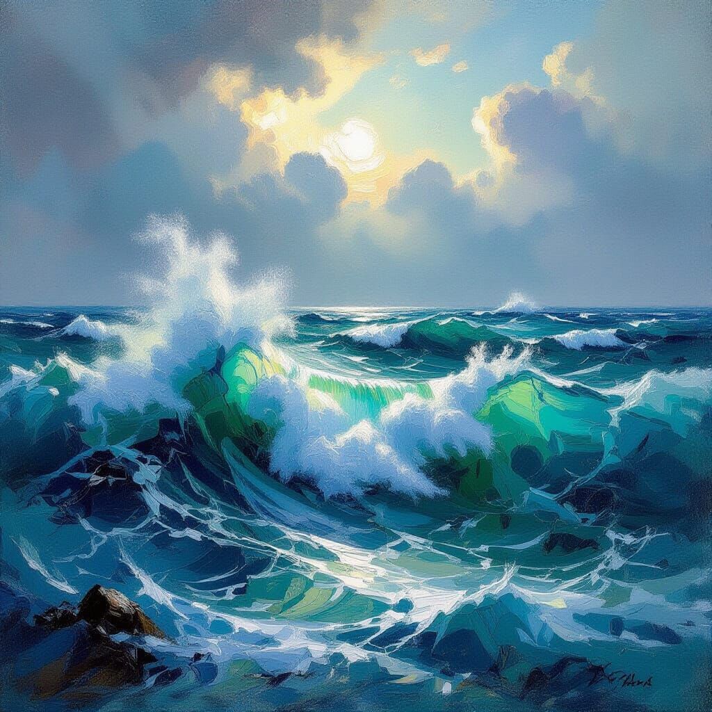 Turbulent Sea with Crashing Waves in Impasto Oil Style