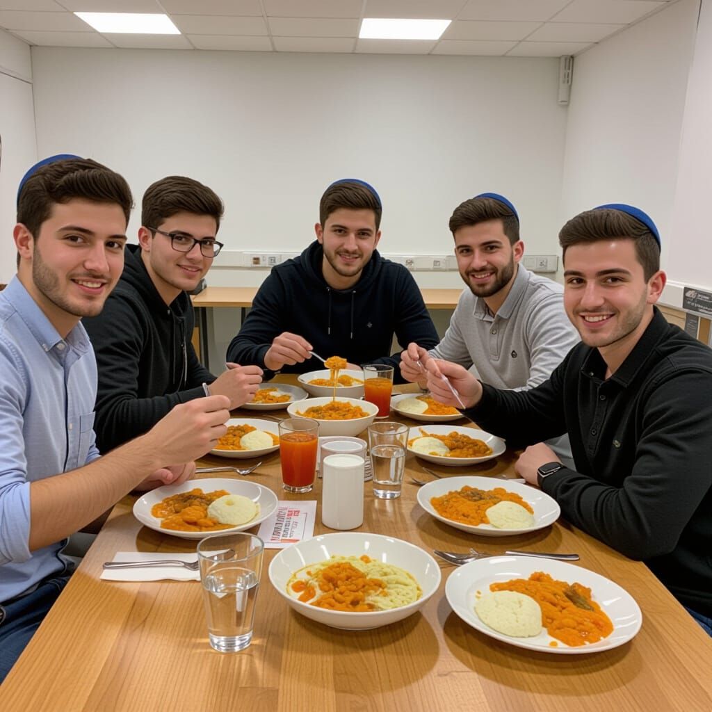 Religious Boys Enjoying Hearty Cholent Meal