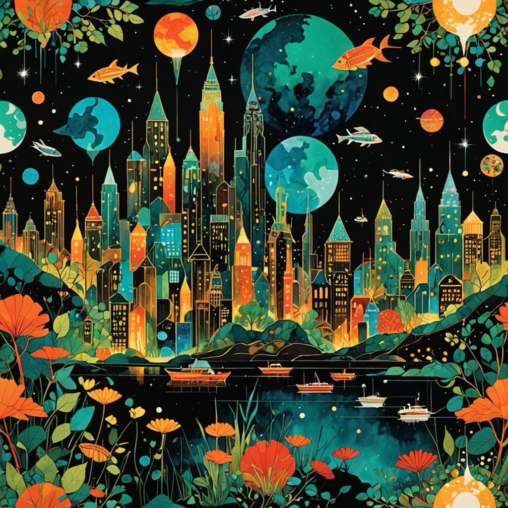 Luminous, Metropolis, Alcohol Ink, Hyperdetailed,✨🌫, mysterious scenescape, Charley Harper, Milton Glaser ...  by @g r r c