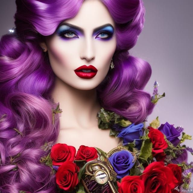 Purple Hairy Beauty Steampunk Style Purple Hair Purple Lips Dark Eyes Crown Of Roses 3665