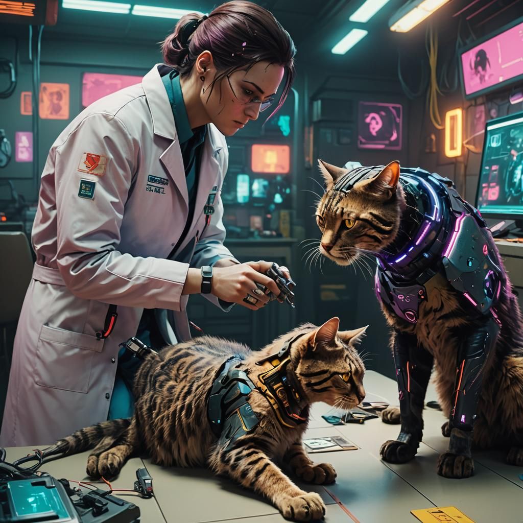 veterinarian with cyber implants examining a cyber cat  by @undefined
