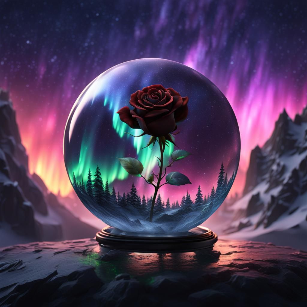  a black rose in a glass sphere with the northern lights in ...