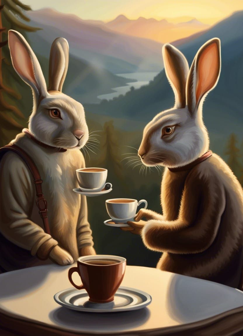A couple of human-like rabbits drink coffee on the table. Morning ...