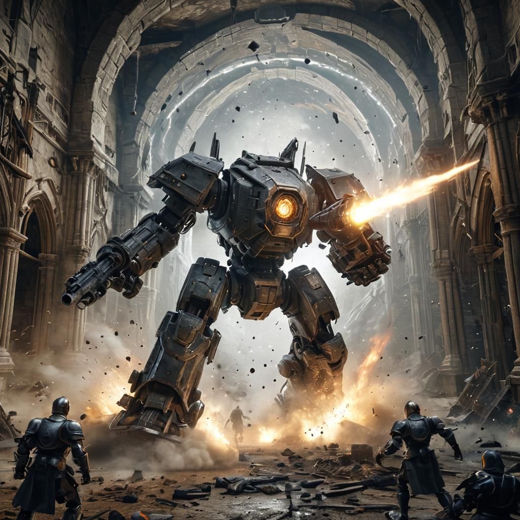 A war mech emerges through a wormhole its guns blazing into the wrecked main hall of a medieval castle where armoured knights of the period...
