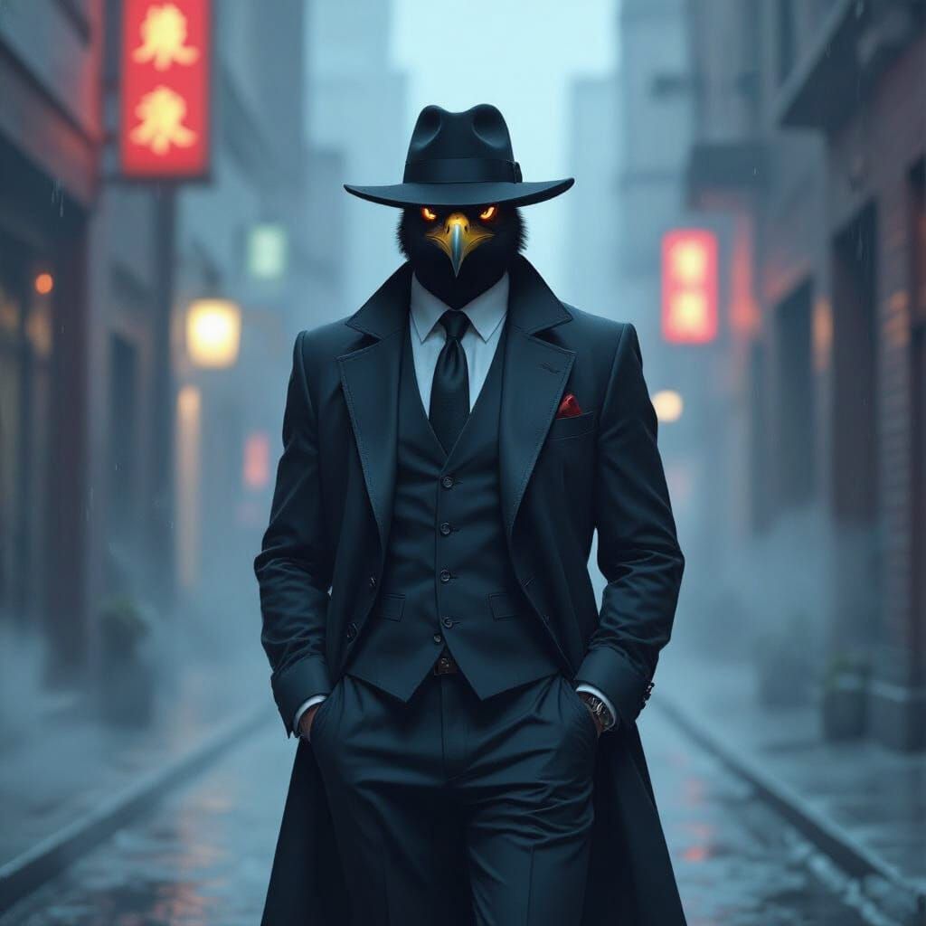 Raptor in Suit: Futuristic Noir Alleyway Scene