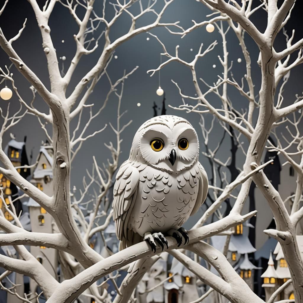 White Owl in tree in Nightmare Before Christmas Town and Cla...