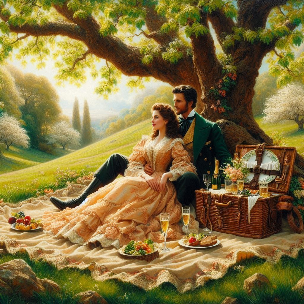 Spring picnic. Green lawn, green leaves and beautiful orange...