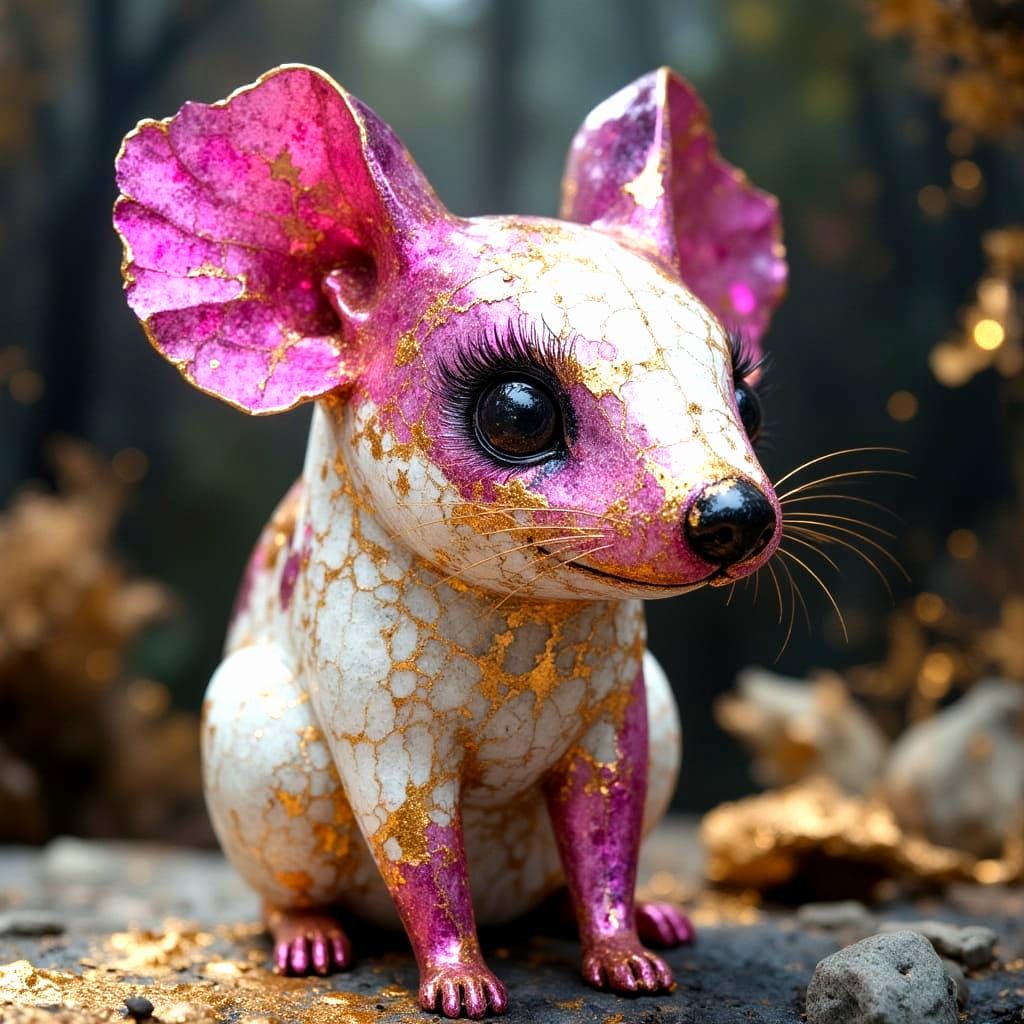 Cute Mouse Sculpture with Cracked Golden Skin