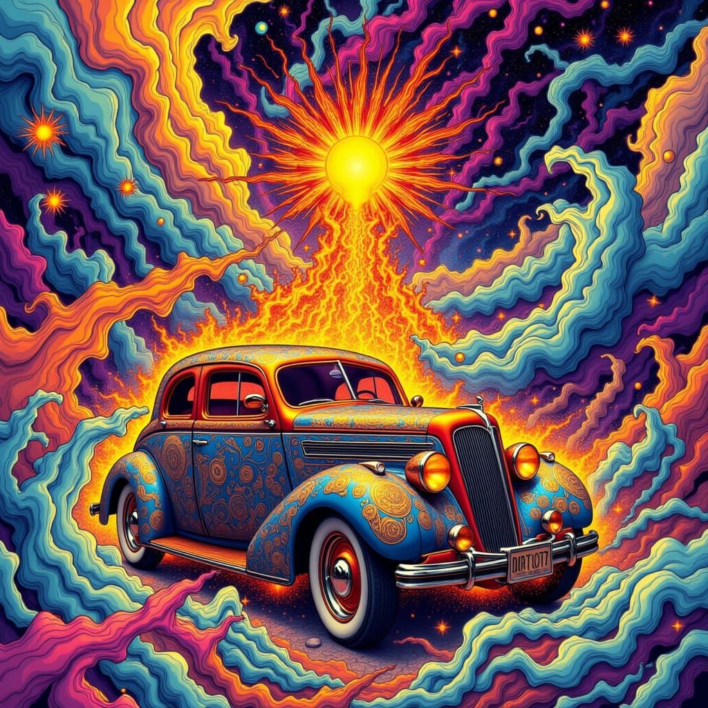 In a maelstrom of swirling colors and dynamic lines, the awe-inspiring legendary vintage car stands tall, its surface a mesmerizing mosaic o...