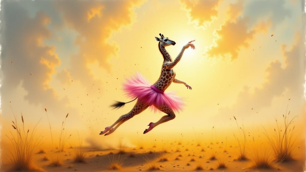 <lora:Action and Motion:1.0><Action-Motion>spinning ballet giraffe dressed as ballerina on the savannah