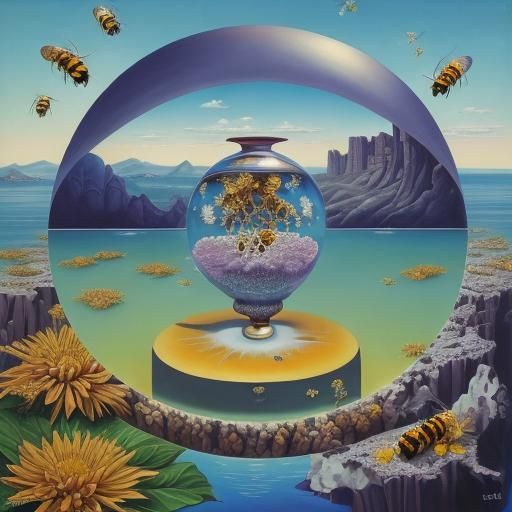 Honeycomb and Bees in Surrealist Style