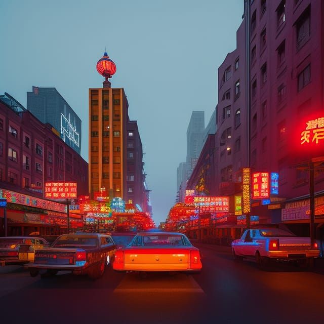 Chinatown at Night #3 (in the style of Simon Stålenhag)