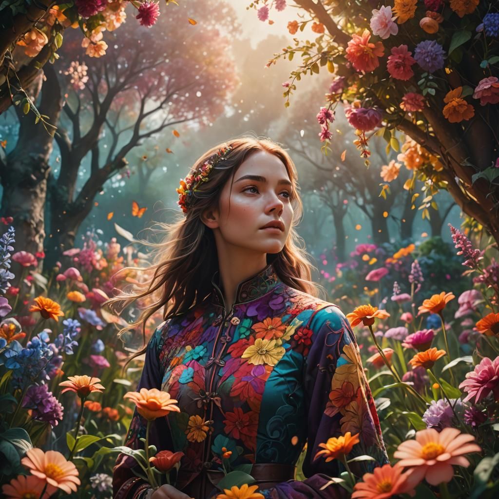 Girl in Vibrant Flower Garden: Matte Painting