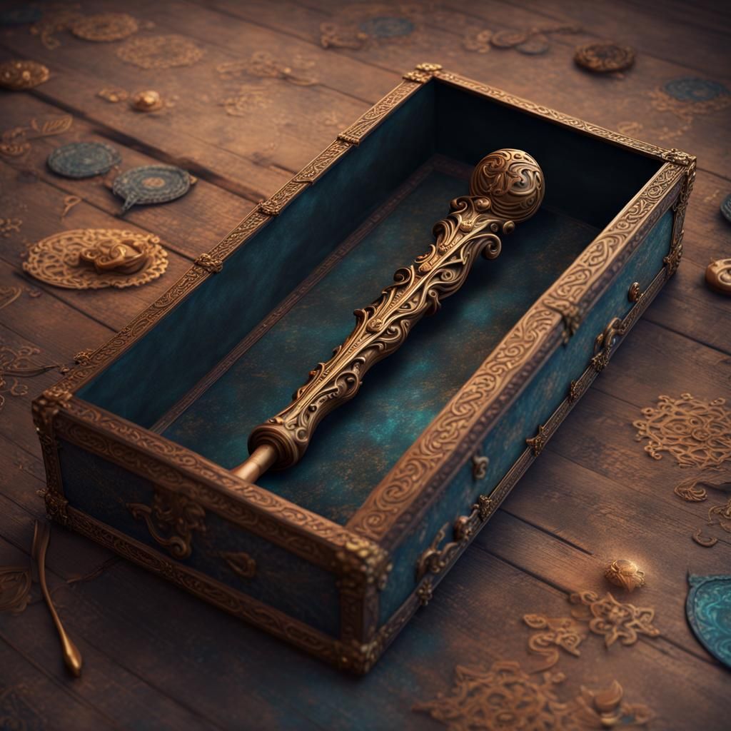 magic wand in a ornate antique long rectangular box. wand glows with ...