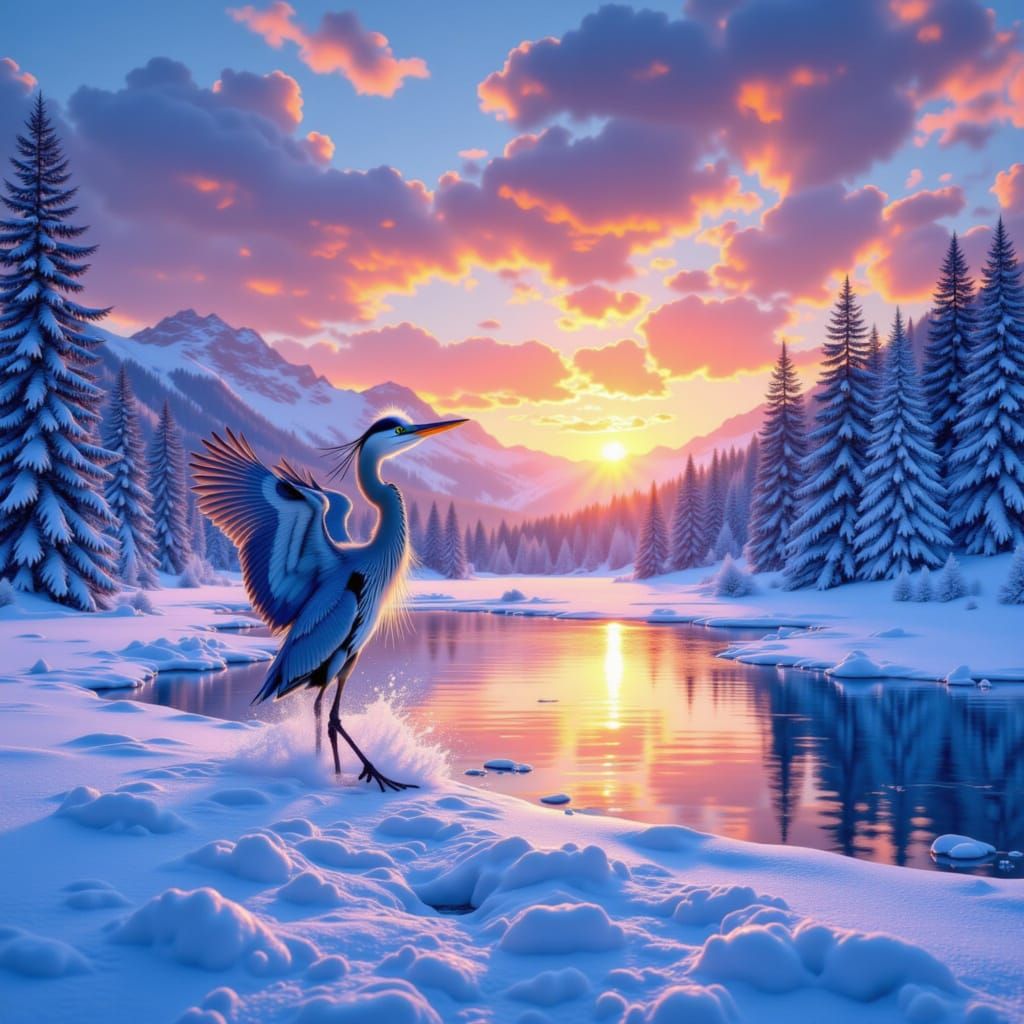 <lora:Heron Snow:1.0> Heron in a snowy winter scene vibrant pond sunset