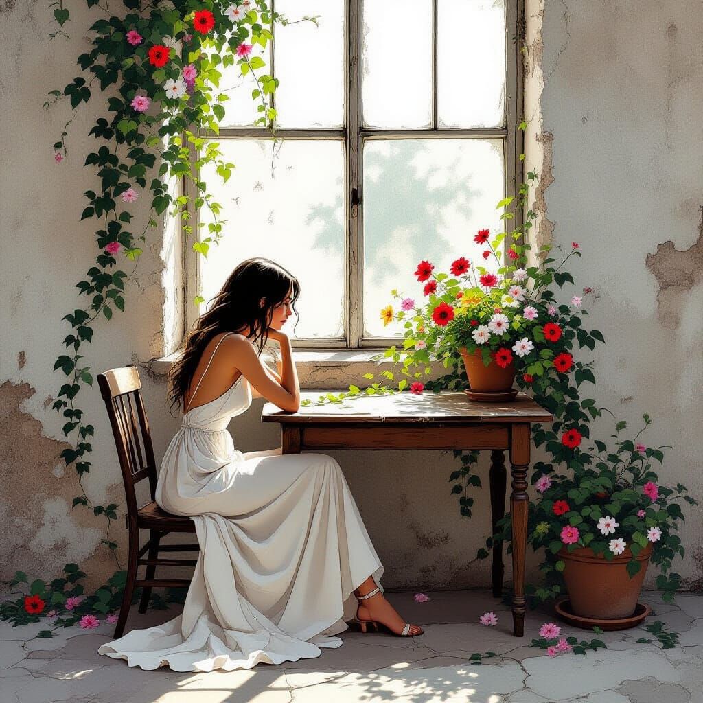 Elegant Woman in Distressed Room, Embossed Texture