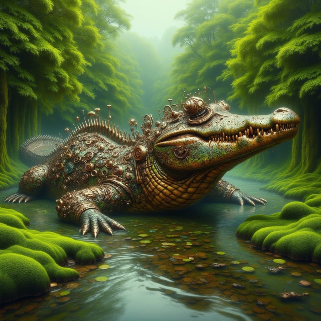 <lora:kak-surrealsteampunk:1.0> steampunk crocodile out of a lake with lush vegetation