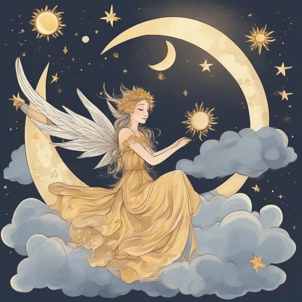 Nature Sun Moon Stars and fairy with wings flying above the clouds
