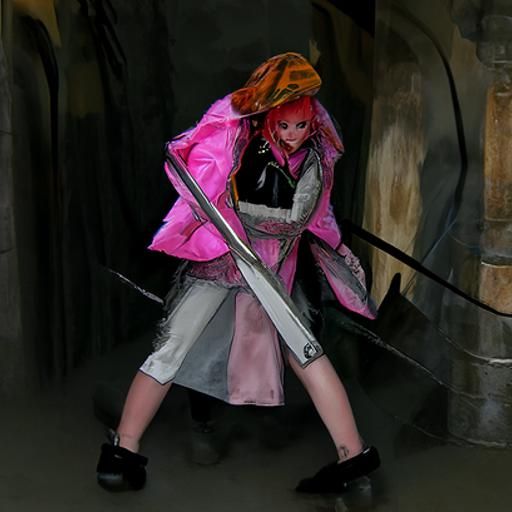 Blade-wielding pink-haired princess in a trenchcoat twirling...