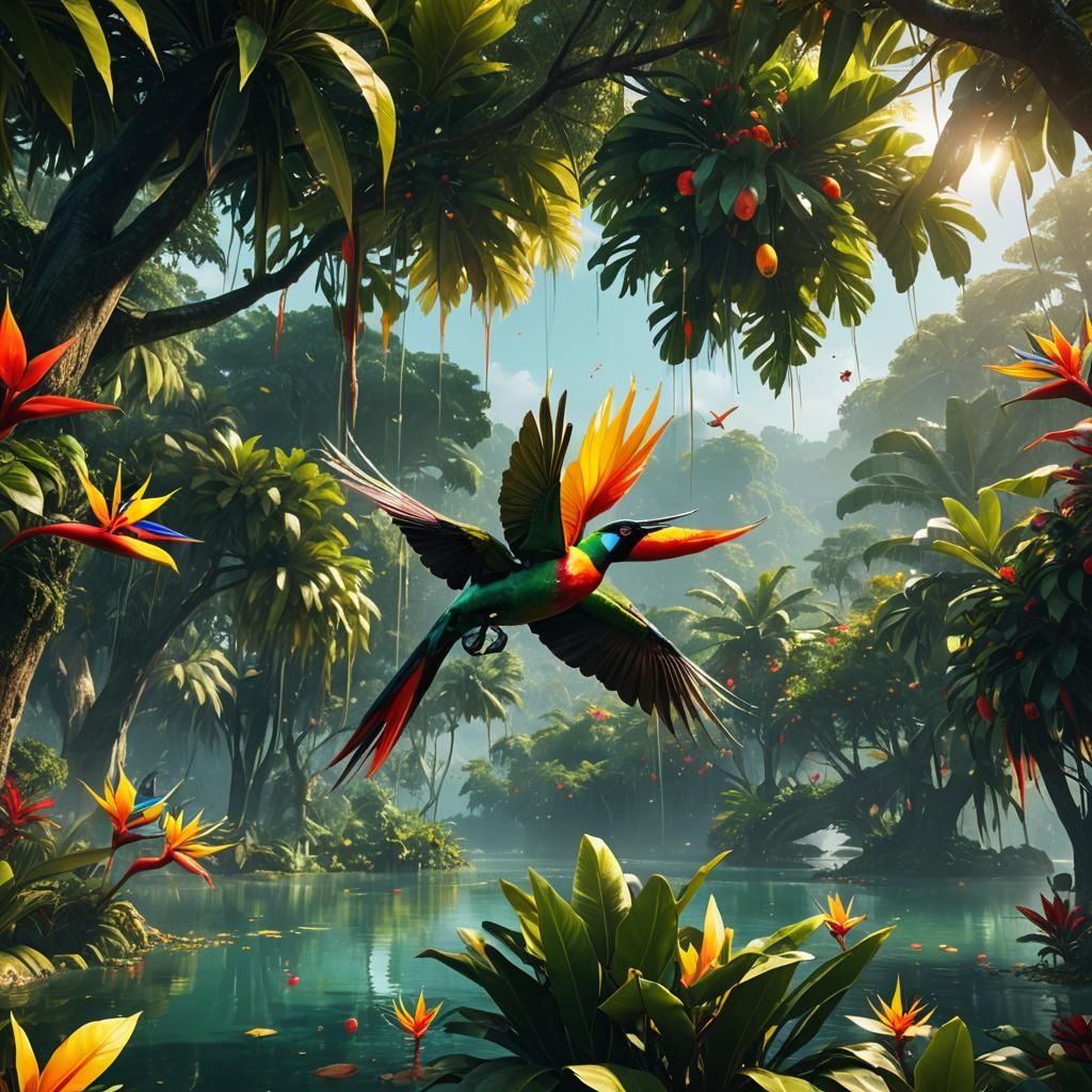 Bird of paradise with its colored wings of red, black, and yellow, stretched out, surrounded by betel nut trees with their ripe nuts hanging...
