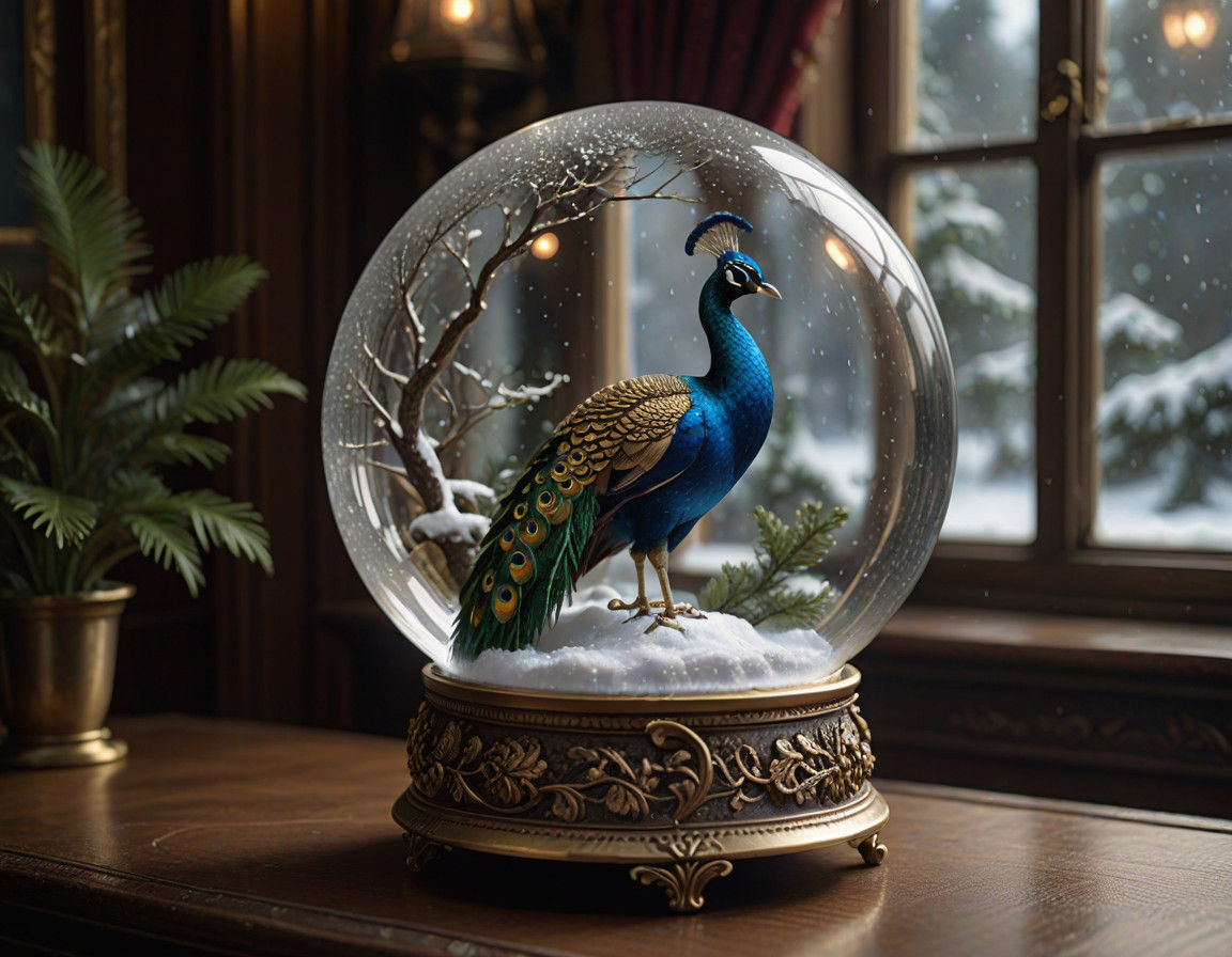 Snow globe with a Peacock inside.   by @Rachel the Redhead 