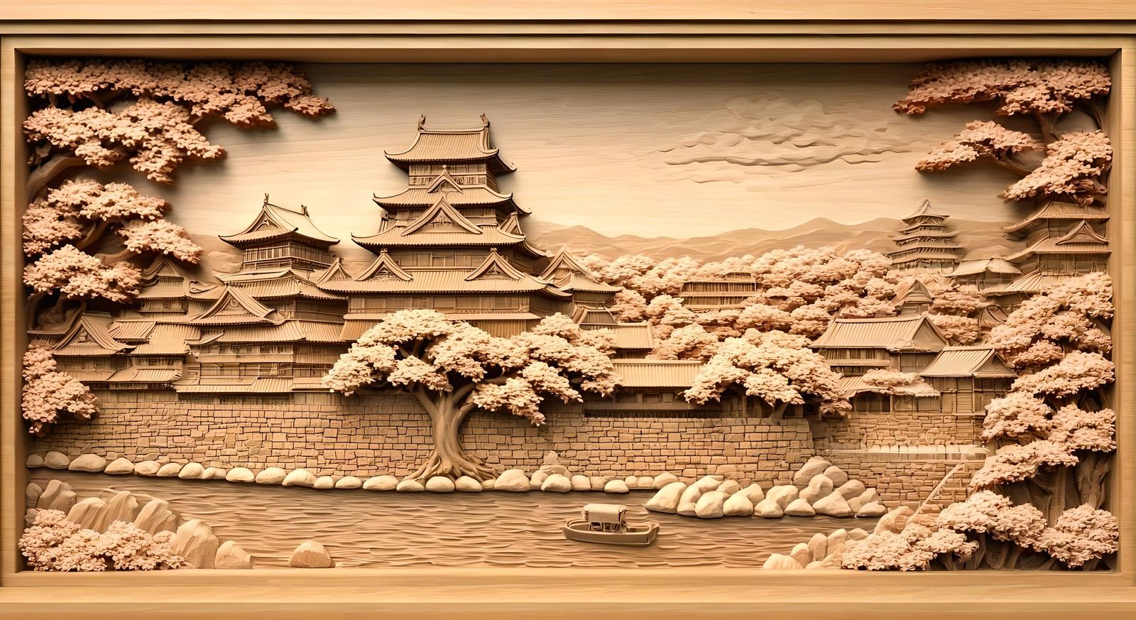 A richly detailed wooden relief (carving technique) depicting a Japanese- zen style city with a Japanese ...  by @The Peaceful Hour