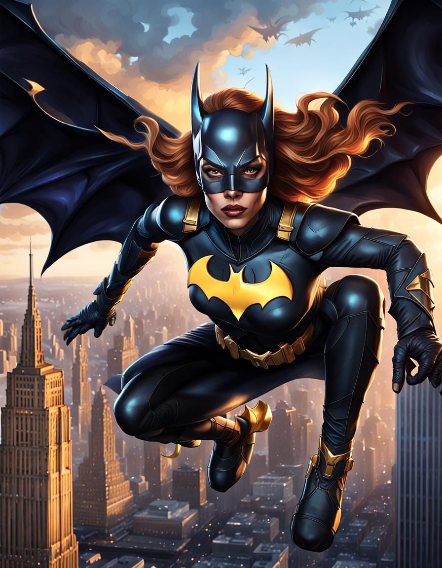 photo realistic Leslie Grace as the Batgirl descending from a Bat ...