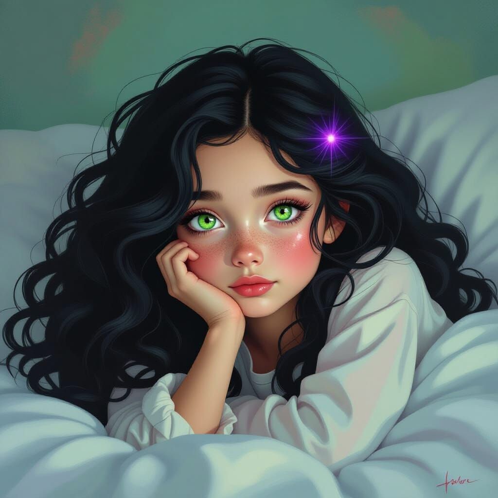 Sick Girl With Glowing Green Eyes and Purple Aura in Surreal...