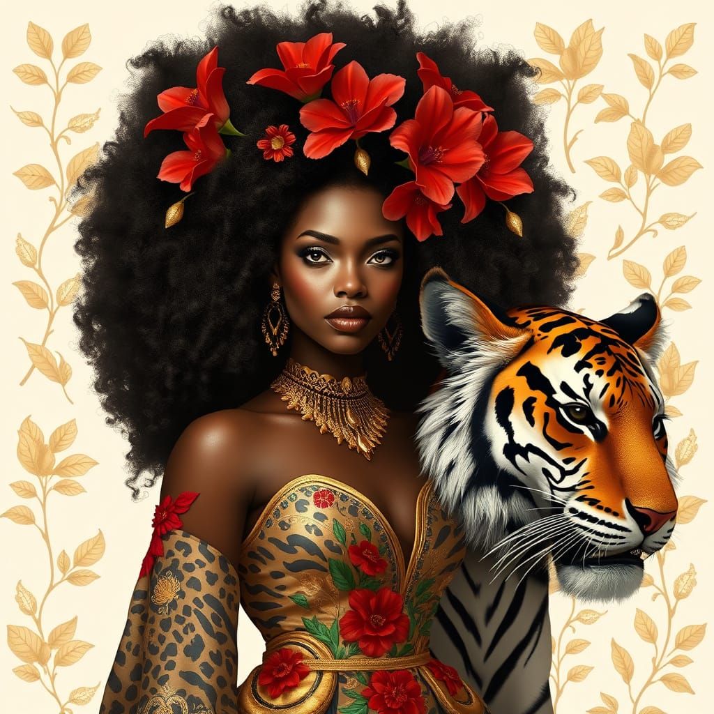 African Goddess Stands with Regal Tiger in Luxurious, Vibran...