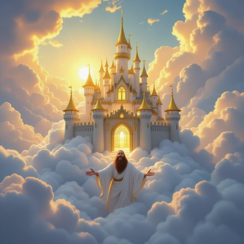 A cloud with a golden castle on top, sunshine shining through the windows, and a man in white robes with a beard is reaching down to you.