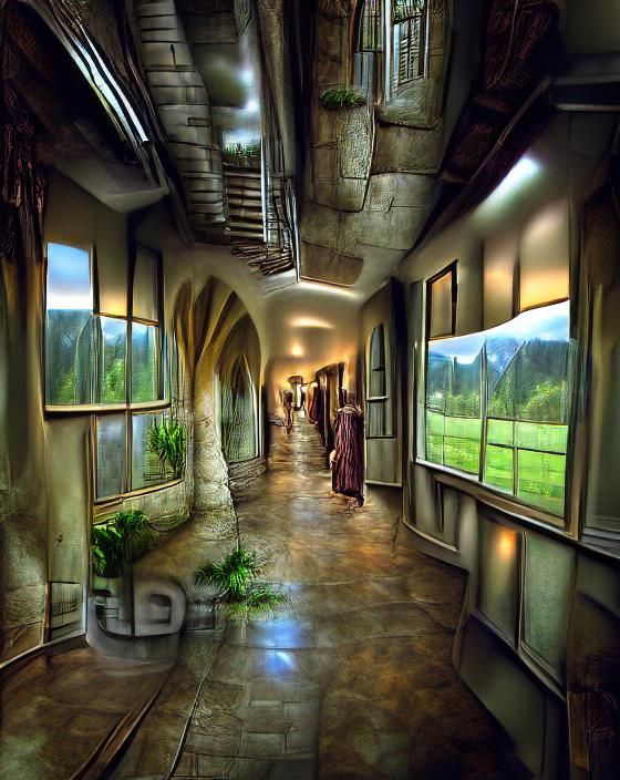 Hallway with lined with windows on both sides, a perfectly w...