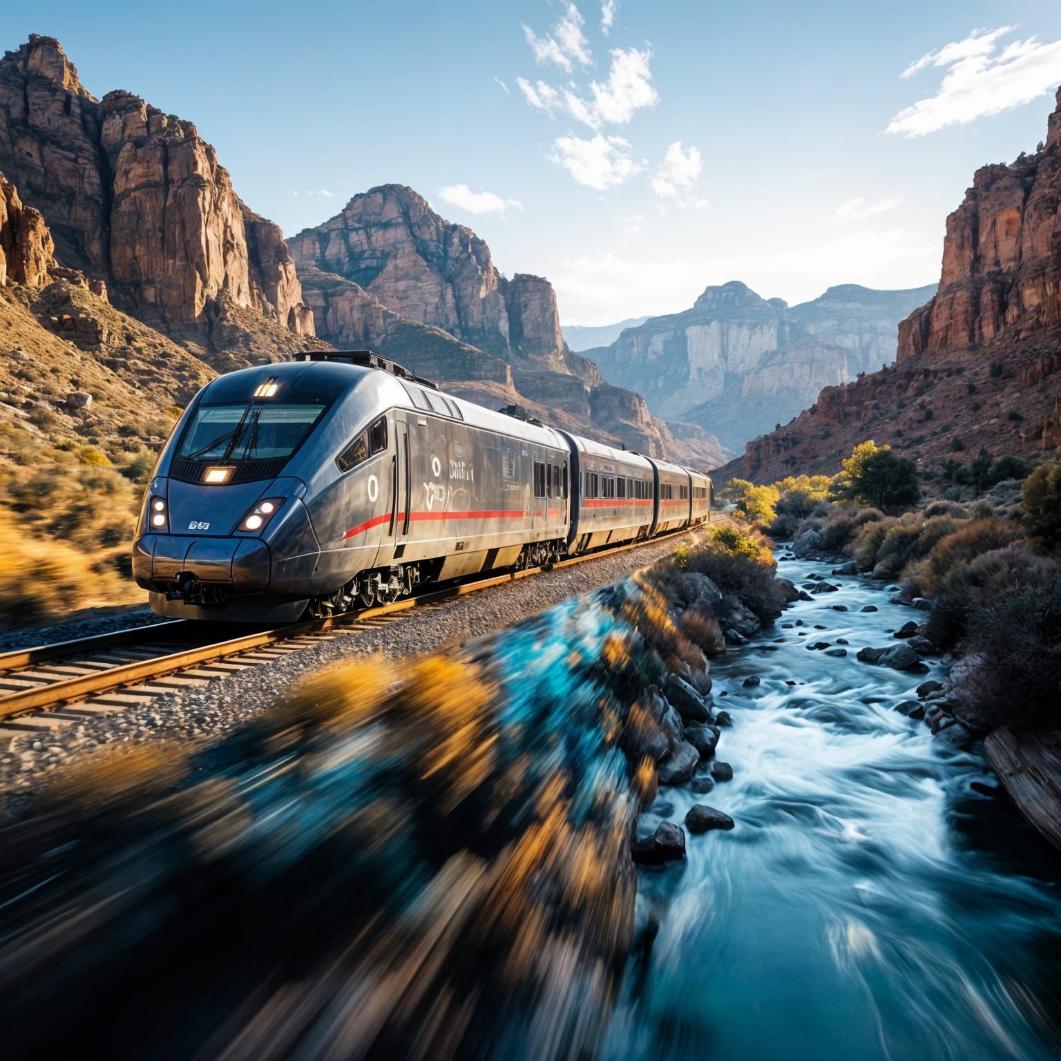 Double Exposure: Train and Canyon Landscape