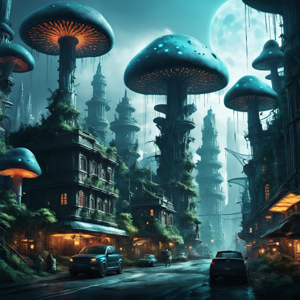 A bioluminescent mushroom city 