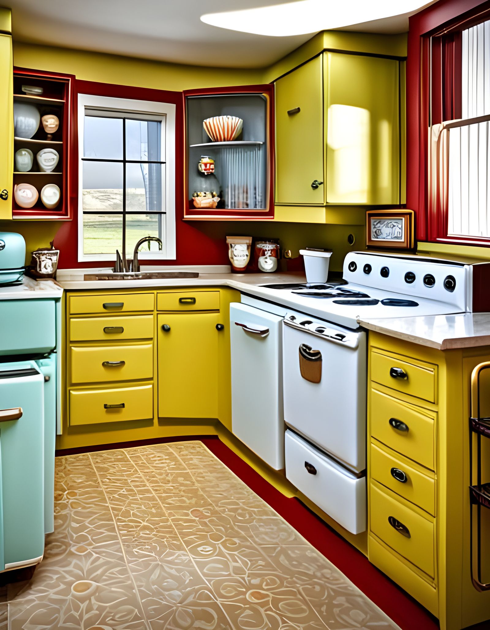 1950's turquoise kitchen displaying cabinets and countertops and old  fashioned flower painted plates with a row of retro appliances and an old  fashioned refrigerator - AI Generated Artwork - NightCafe Creator