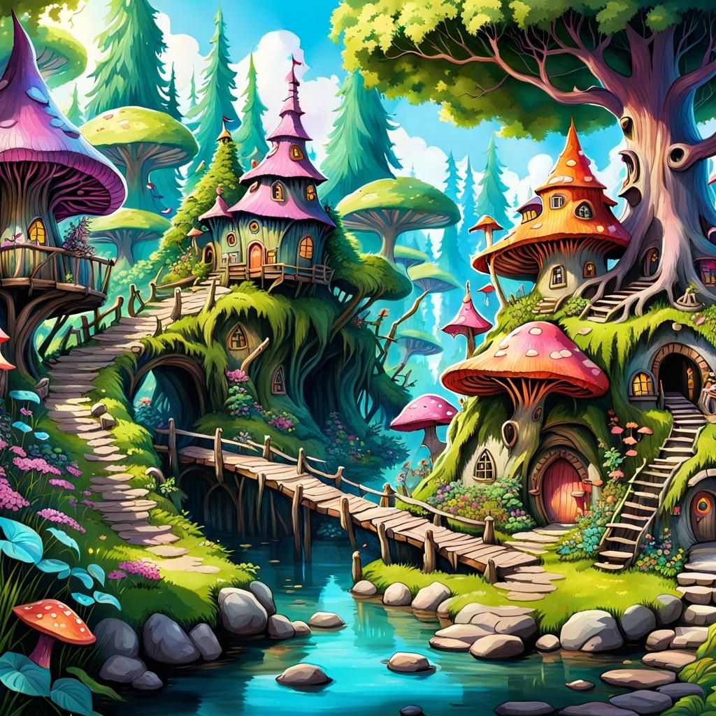 An urban sketch of an enchanted forest where sentient plants subtly communicate, filled with mystical creatures and soft whisper-like breeze...