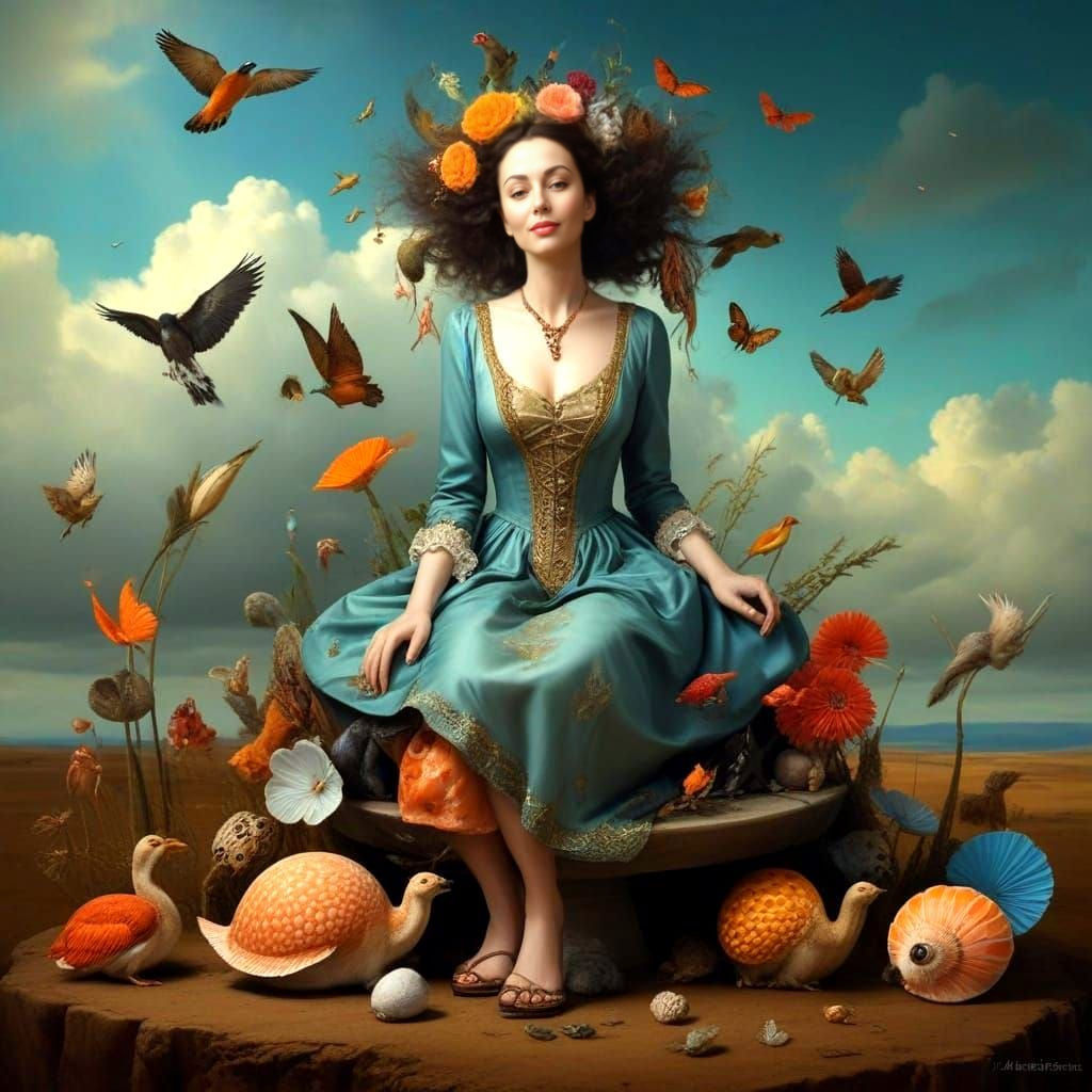 Vibrant Lady Surrounded by Fantastical Creatures in a Dreaml...