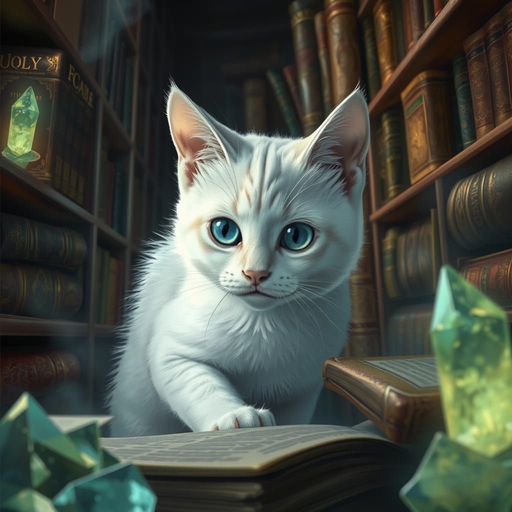 A curious white cat with heterochromia eyes, exploring a dreamlike, mysterious library filled with ancient books and glowing crystals. The s...