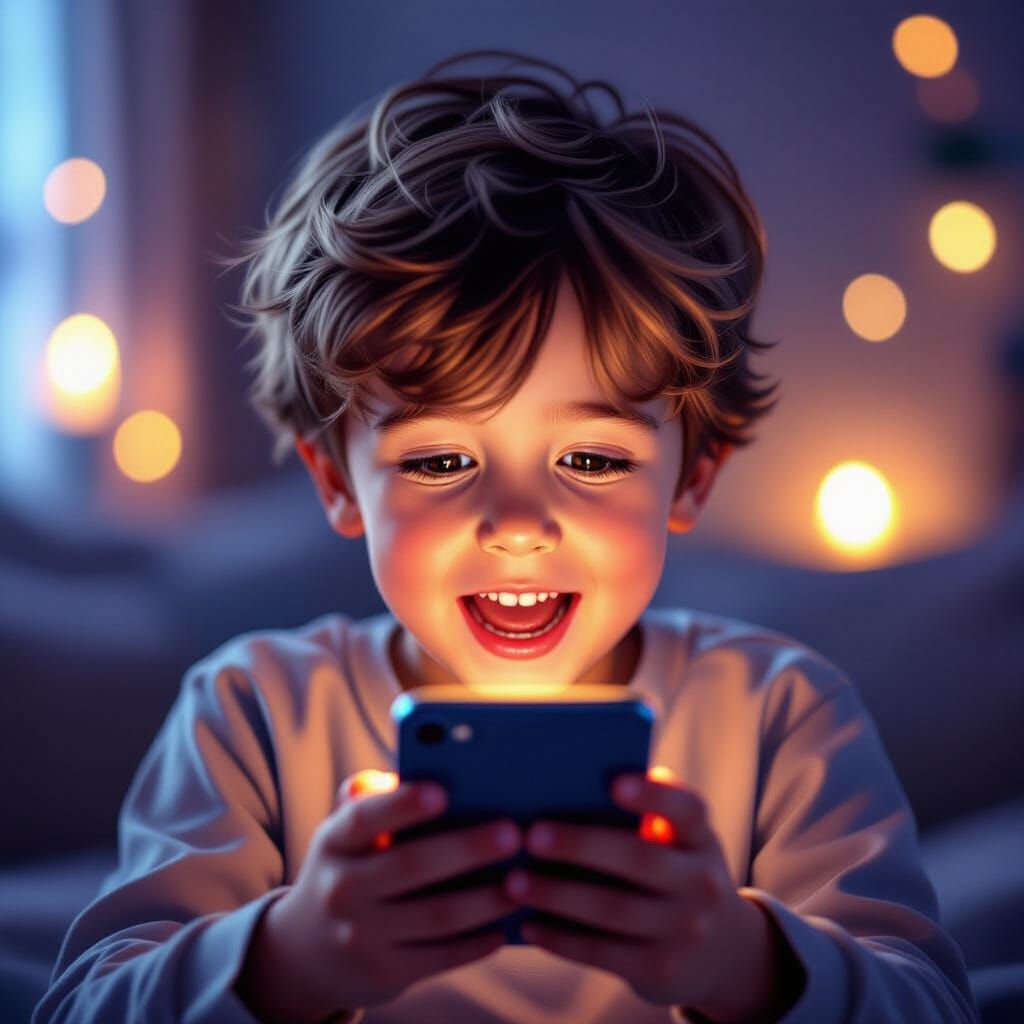 Boy's Face Lit by iPhone Screen Glow