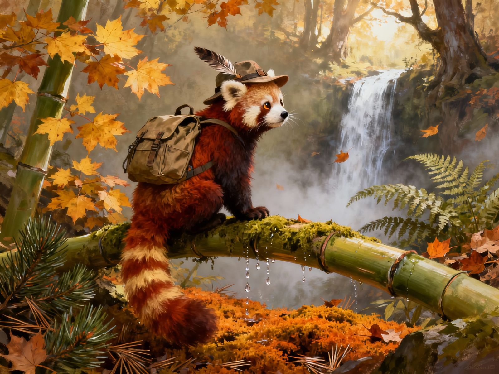 A red panda wearing a tiny explorer's hat and backpack  by @Selenia Darkangel