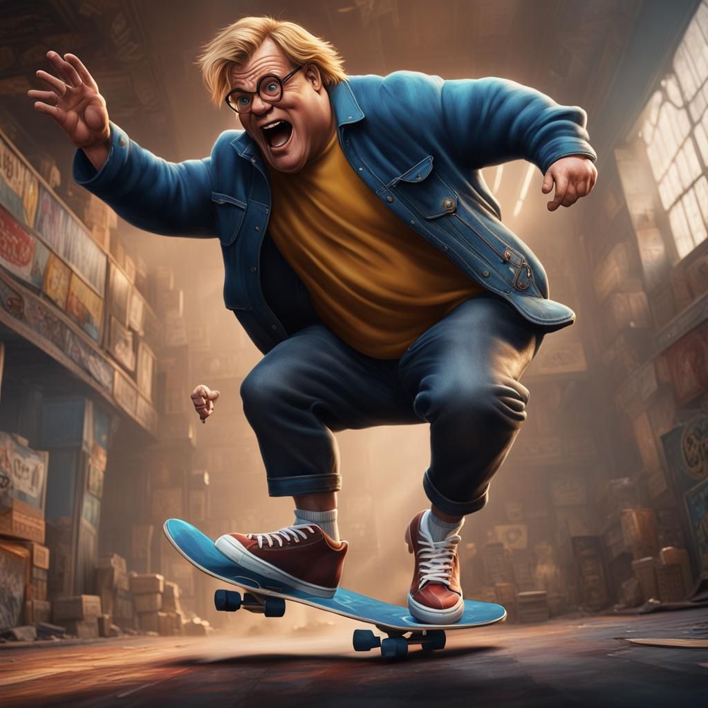 Chris Farley doing a kickflip