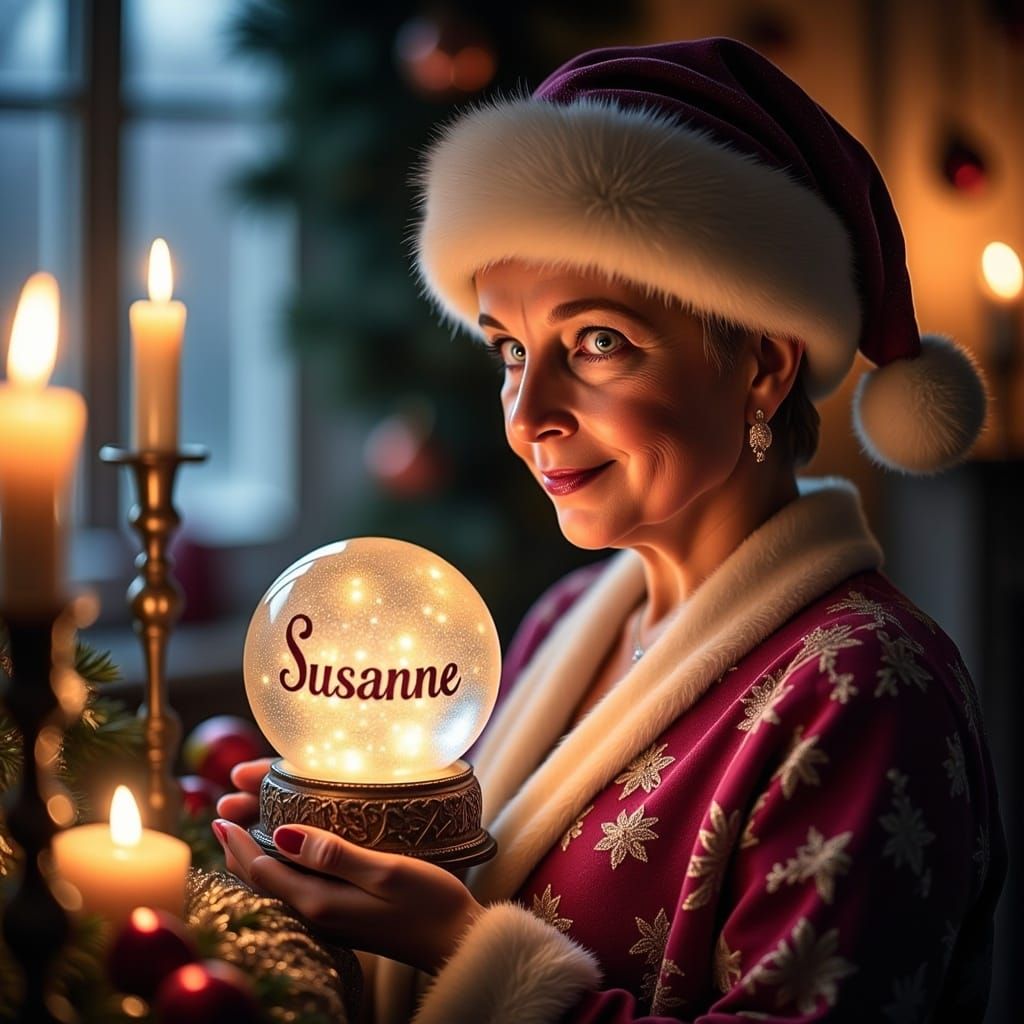 Woman <lora:Me:1.1> Mrs.Santa looking into a festive glowing...