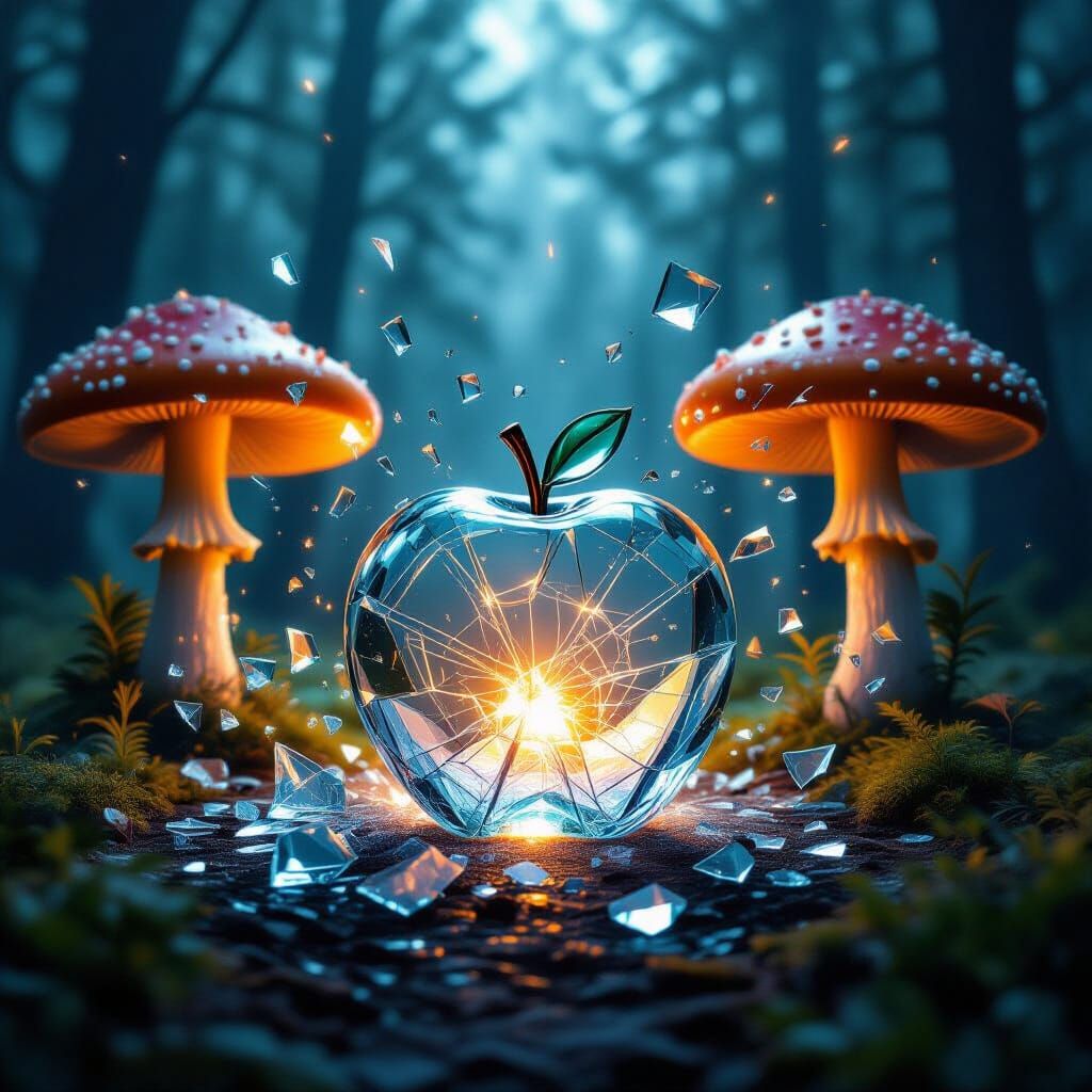a glass crystal apple shattering with flying glass every where in the middle of a gloomy majestically glowing forest in the middle of two co...