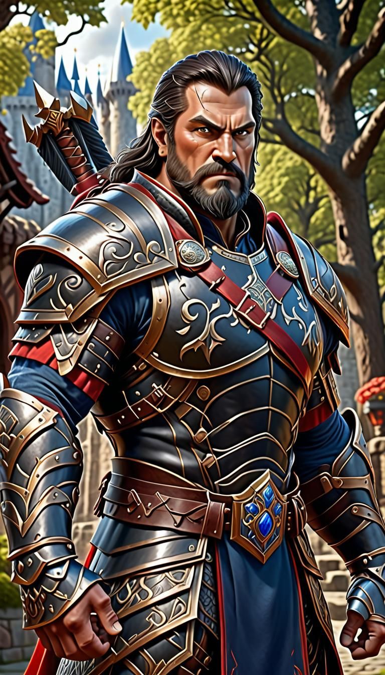 A middle age large man, muscular, dark curvy hair, beard, in...